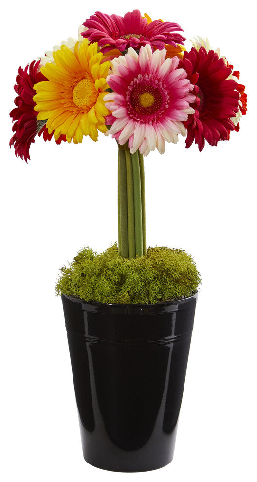 Nearly Natural Gerber Daisy Artificial Arrangement in Black Vase Assorted