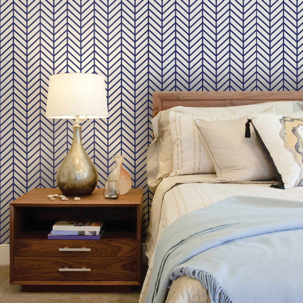 Herringbone Line Peel and Stick Vinyl Wallpaper , Navy, 24"w X 60"h