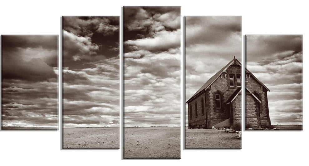 Abandoned Desert Church, Landscape Canvas Art Print, 60"x32", 5 Panels