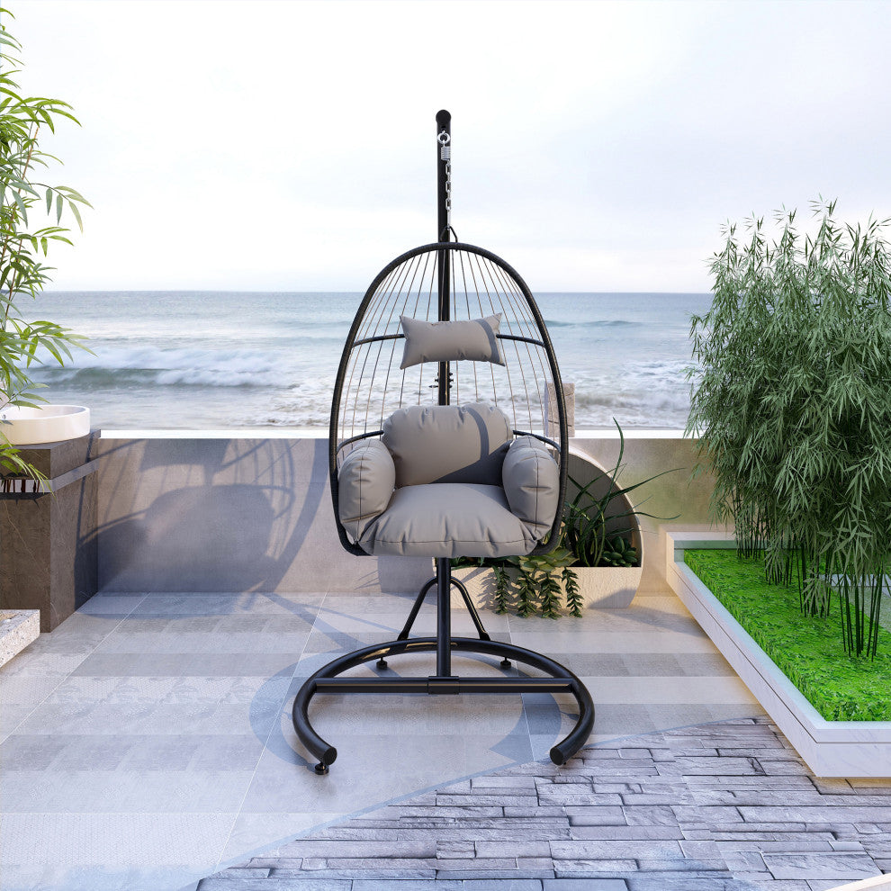 Outdoor Rattan Swing Chair Hanging Egg Chair With Cushion and Pillow