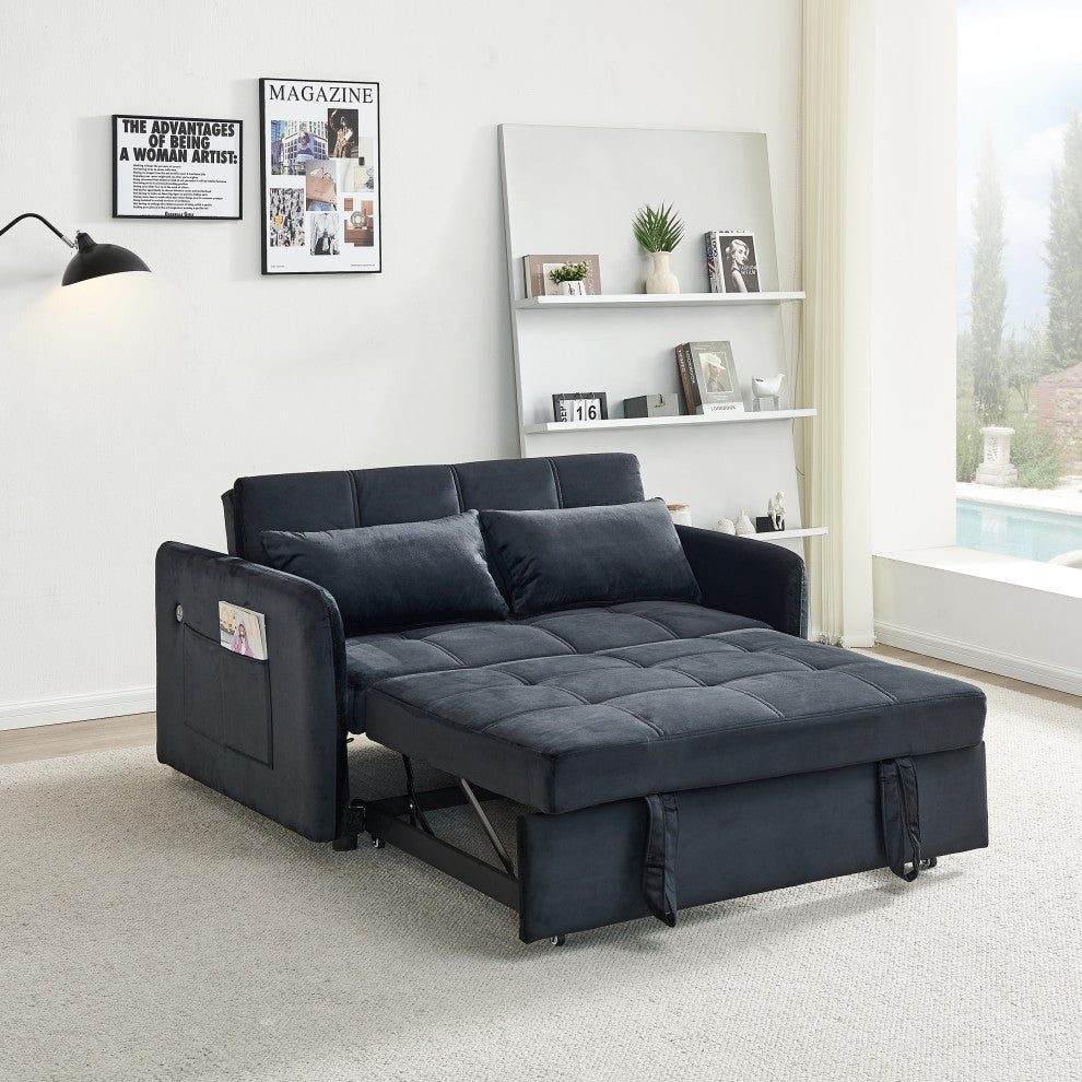 TATEUS 55.5" Twins Pull Out Sofa Bed Velvet  for Small Room Black