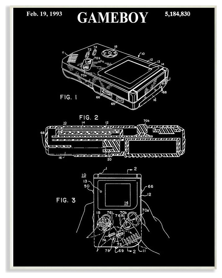 Patent Gameboy Game Chart Black And White Design, 12"x18"