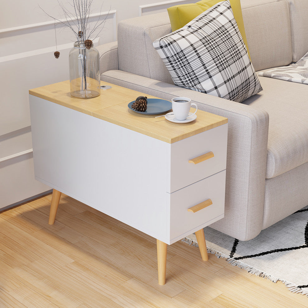 Rectangle End Table with Drawers Modern Sofa Side Table for Living Room, Natural