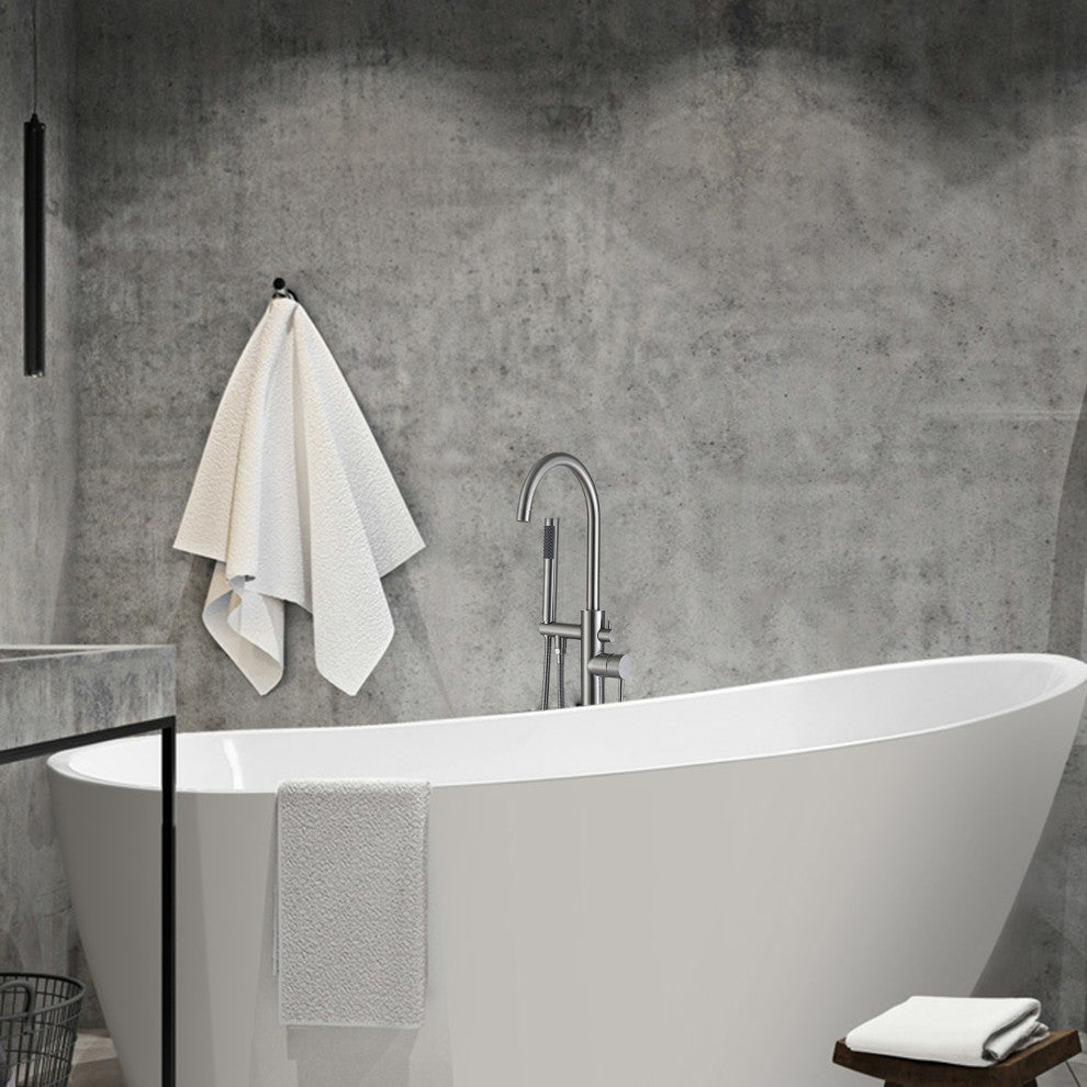 Floor Mounted Stainless Steel Handle Bathtub Faucet, Handheld, Brush Nickel