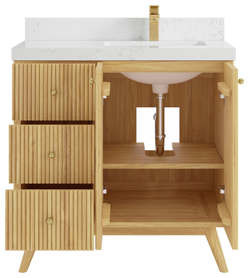 Pasadena 36 Right Offset  Bath Vanity in Light Natural Teak 2" Empira White