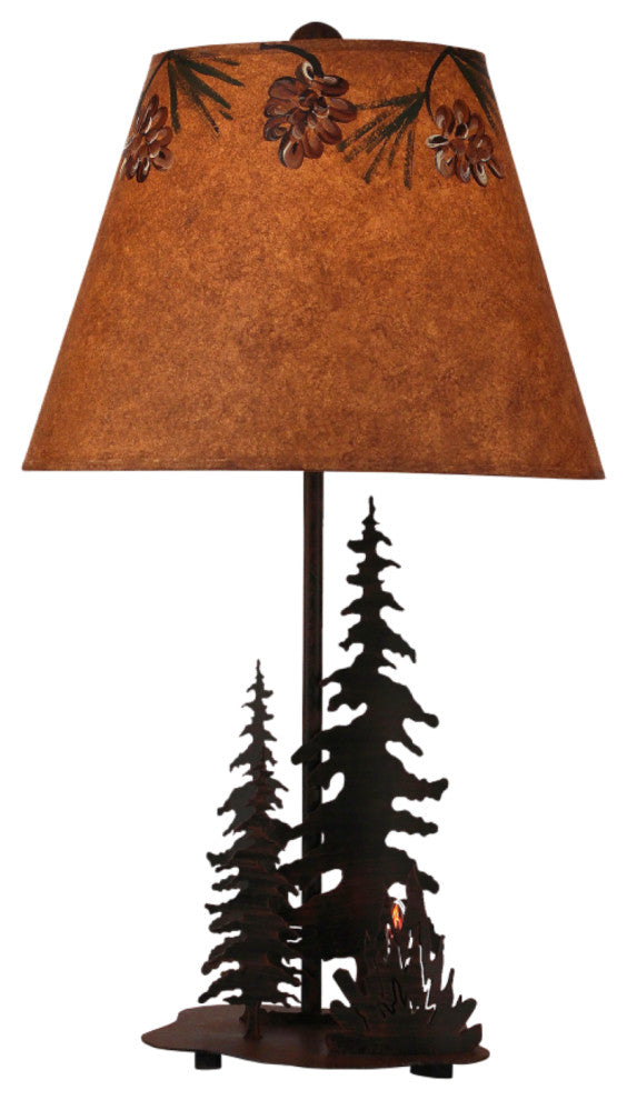 Burnt Sienna Iron Nature Scene Table Lamp With Campfire and Nightlight