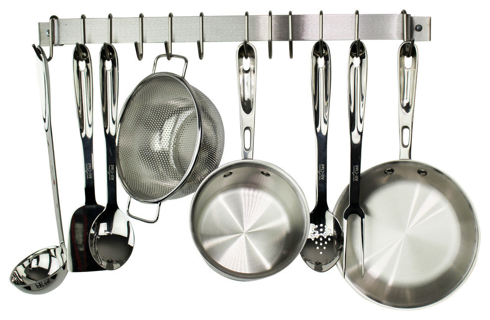 Handcrafted 36" Easy Mount Wall Rack w 6 Hooks, Stainless Steel
