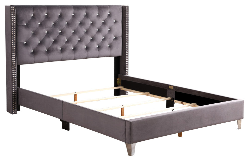 Chester Upholstered Velvet Bed, Gray, Queen