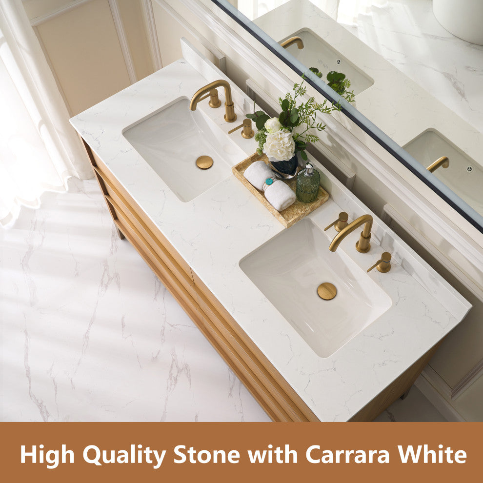 Nolan Freestanding Bathroom Vanity with Quartz Top, Light Oak, 60"