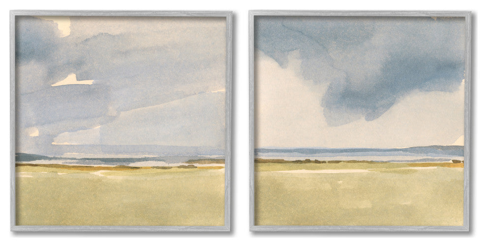 Cloudy Field Nature Landscape Watercolor Collage, 2pc, each 24 x 24