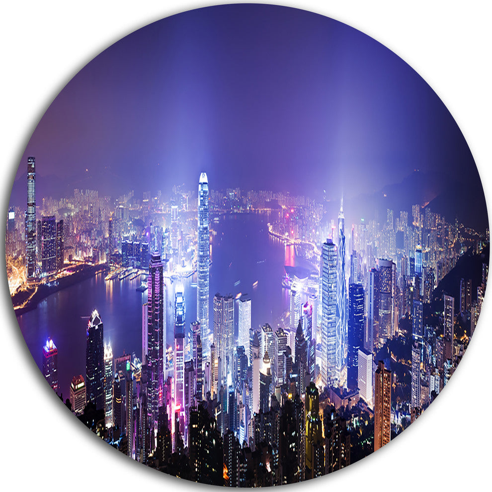Hong Kong Night City, Cityscape Photo Round Wall Art, 11"
