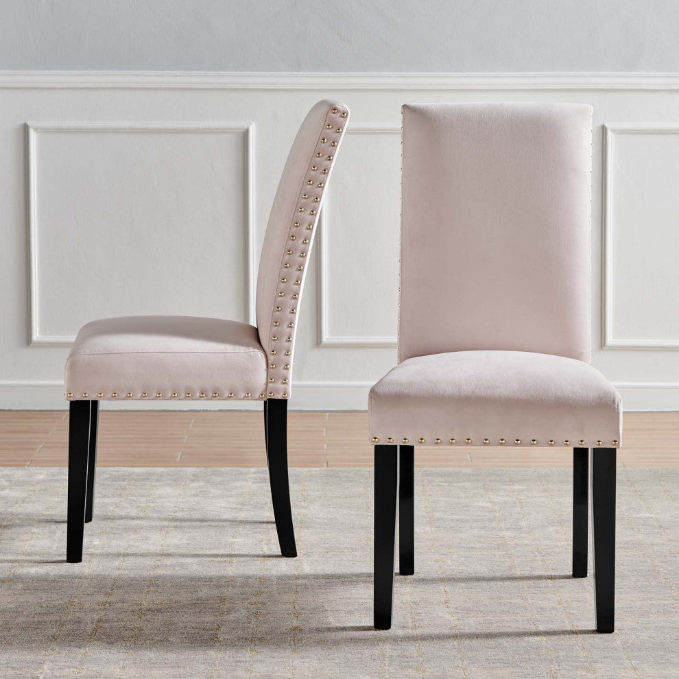 Side Dining Chair, Set of 2, Velvet, Wood, Pink, Modern, Cafe Bistro Restaurant