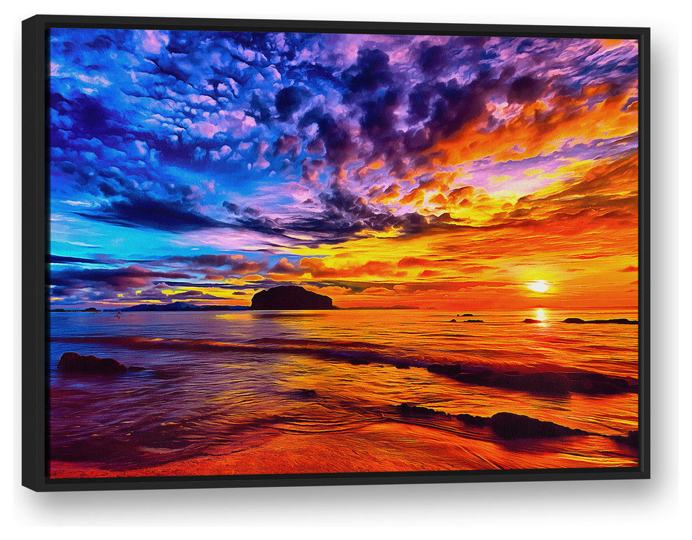 Vibrant Colorful Coastal Sunset 30x40 Black Floating Framed Canvas