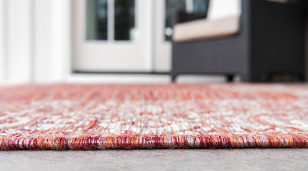 Unique Loom Aqua Blue Floral Border Outdoor Area Rug, Rust Red, Gray, 4'' X 4''