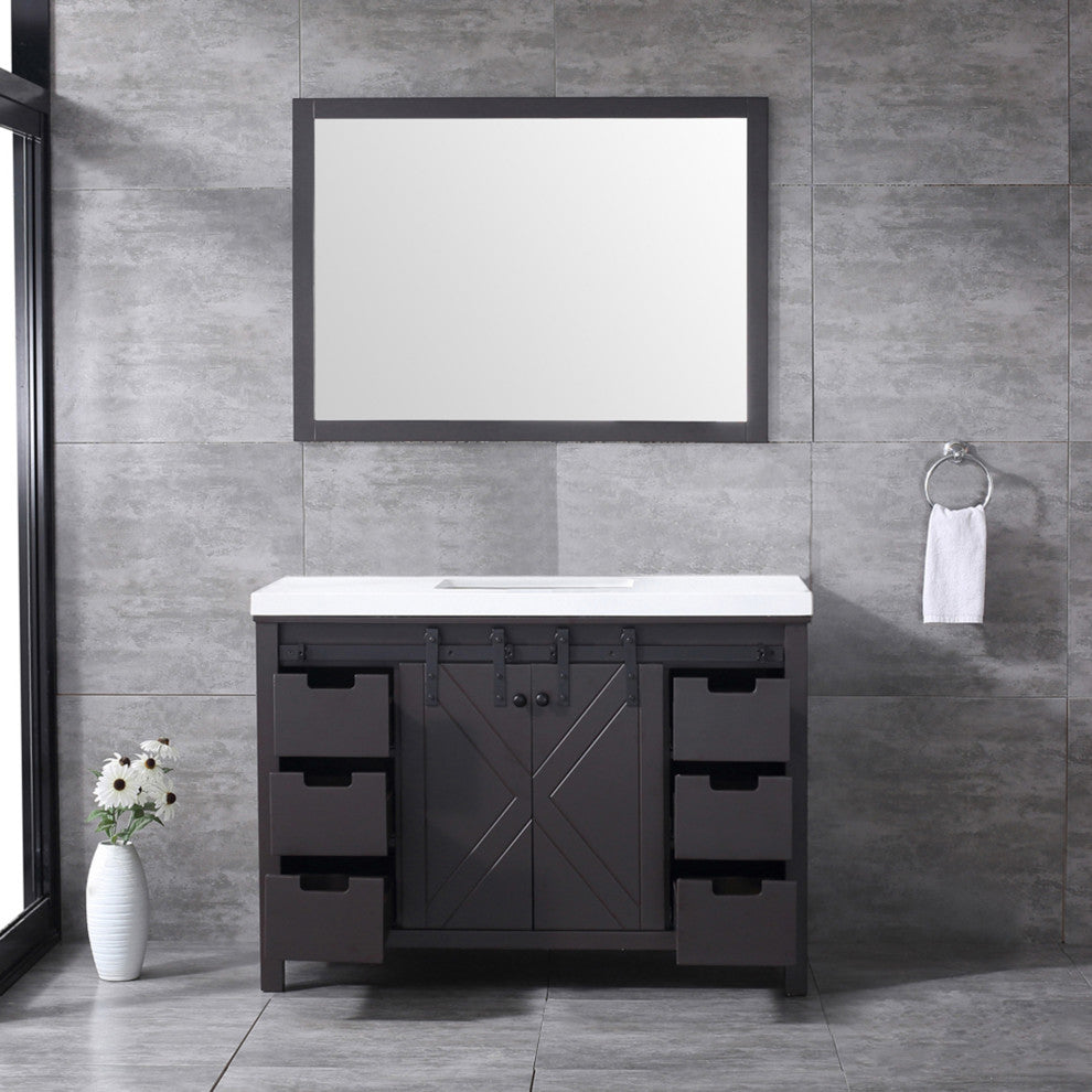 Marsyas 48" Brown Single Vanity Cabinet Quartz Top Square Sink, 44" Wall Mirror