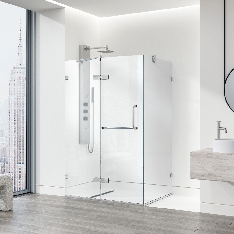 VIGO Monteray 30"D x 46"W x 73"H Frameless Hinged Shower Enclosure, Chrome, Without Base