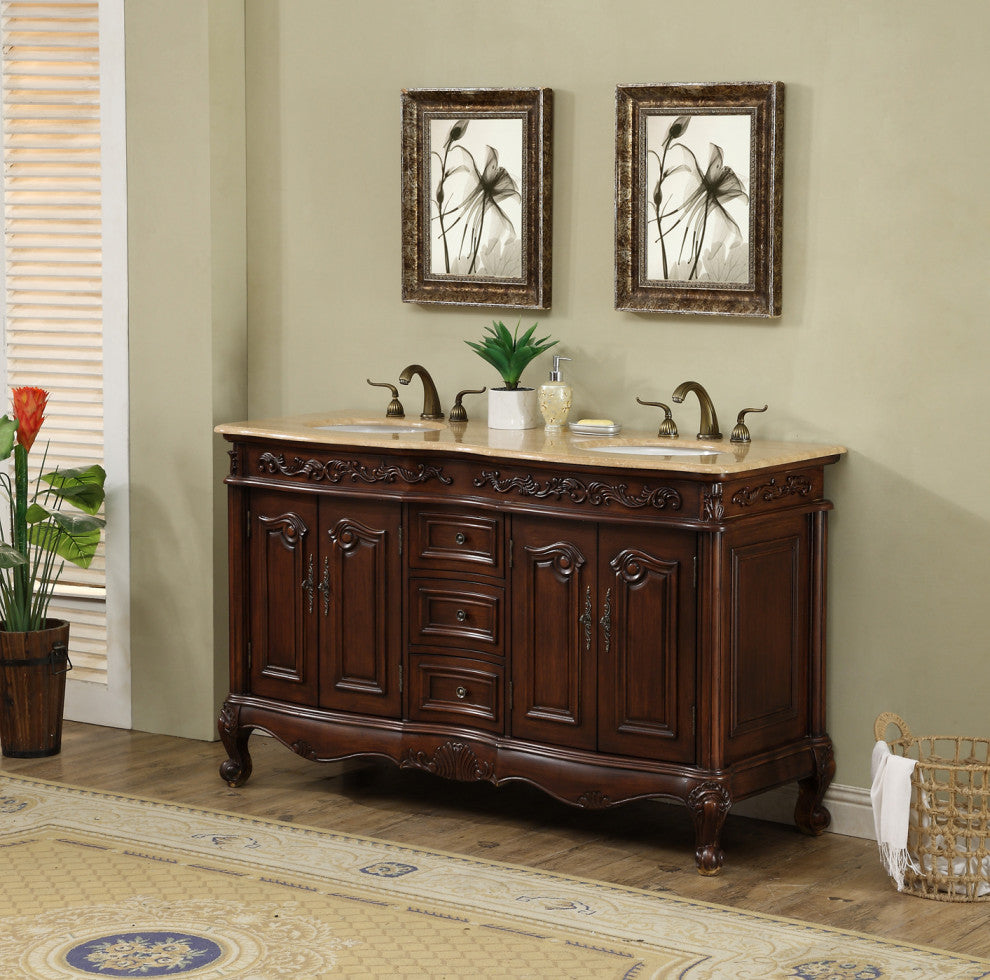 Cassandra 60" Dark Cherry Double Sink Bathroom Vanity, Travertine Marble Top