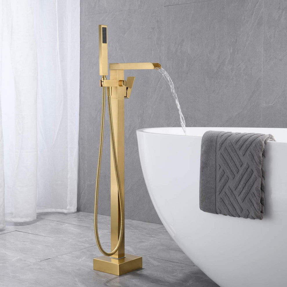 Single Handle Floor Mounted Freestanding Tub Filler with Hand Shower, Brushed Go