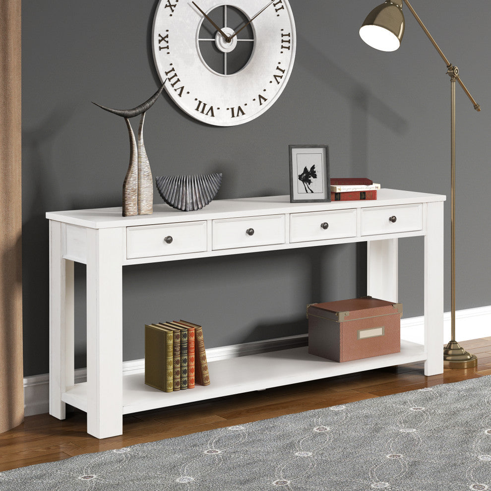TATEUS Solid Pine Wood Console Table Entryway table with Drawers and Shelves, Antique White