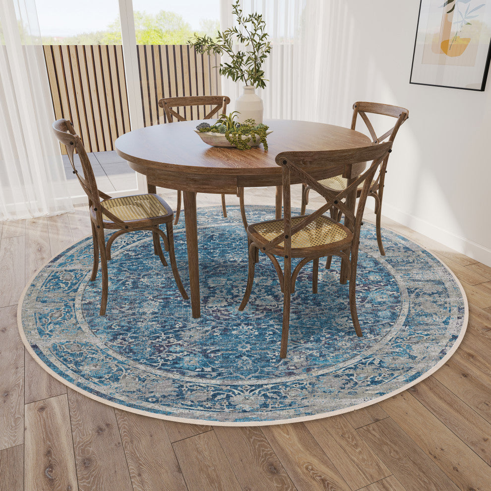 Indoor/Outdoor Marbella MB2 Navy Machine Washable 6' x 6' Round Rug