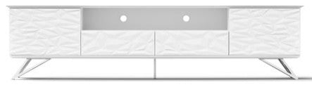 86.5" Modern Vortice TV Stand White Lacquer Body Chrome Legs Geometric Paneling