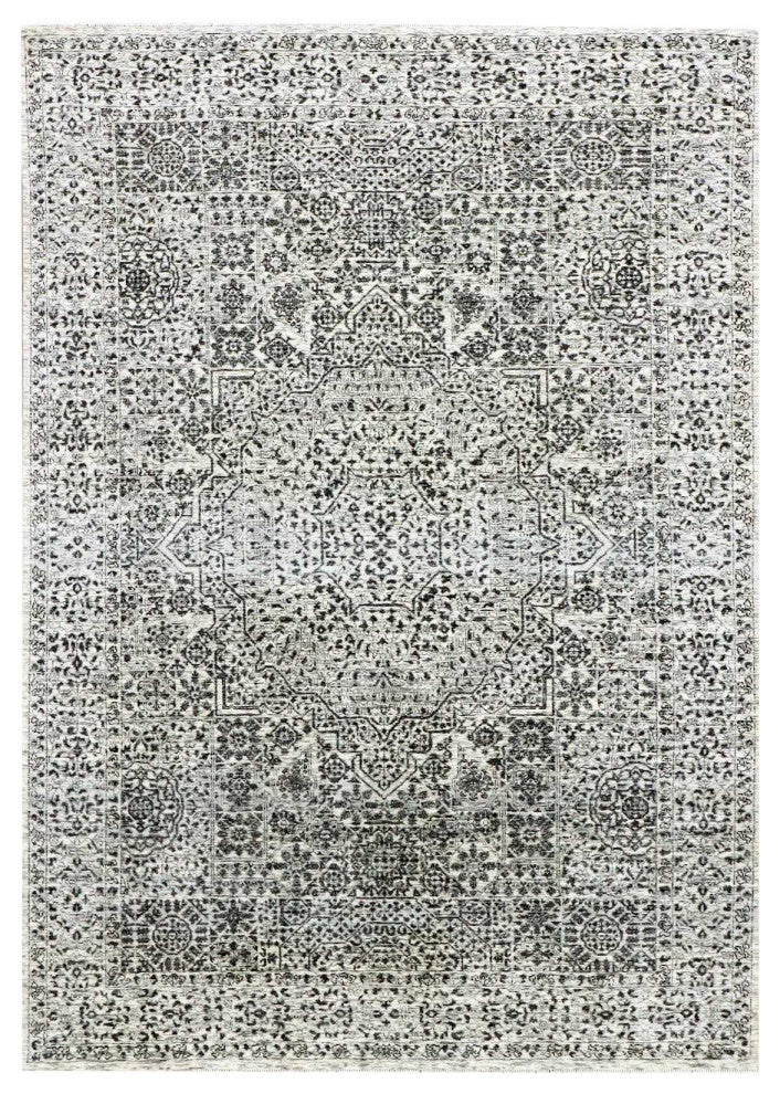 Ghost White Hand Knotted Mamluk Dynasty Design Undyed 100% Wool Rug 6'1"x9'3"