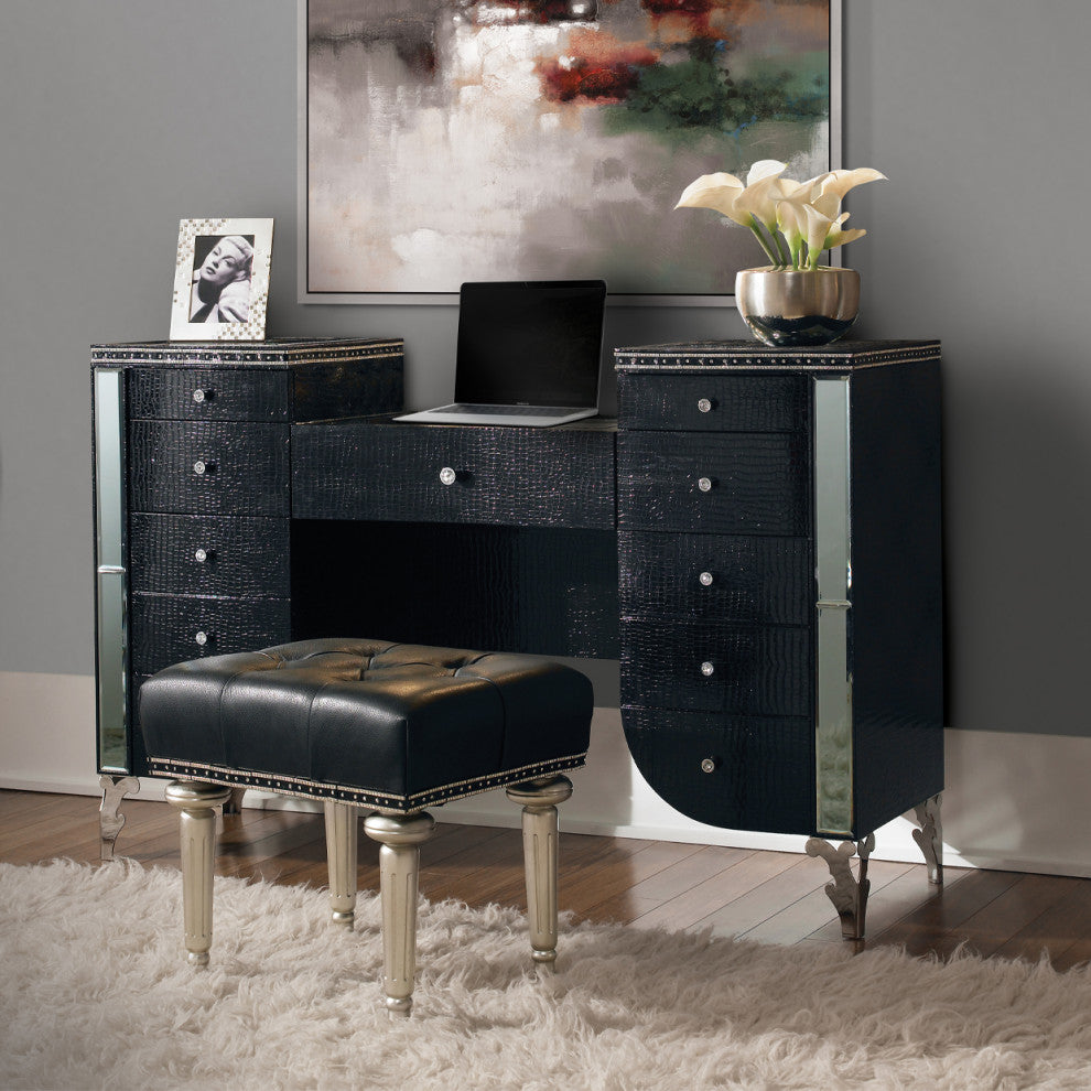 Hollywood Swank Tufted Leather Vanity Bench, Black