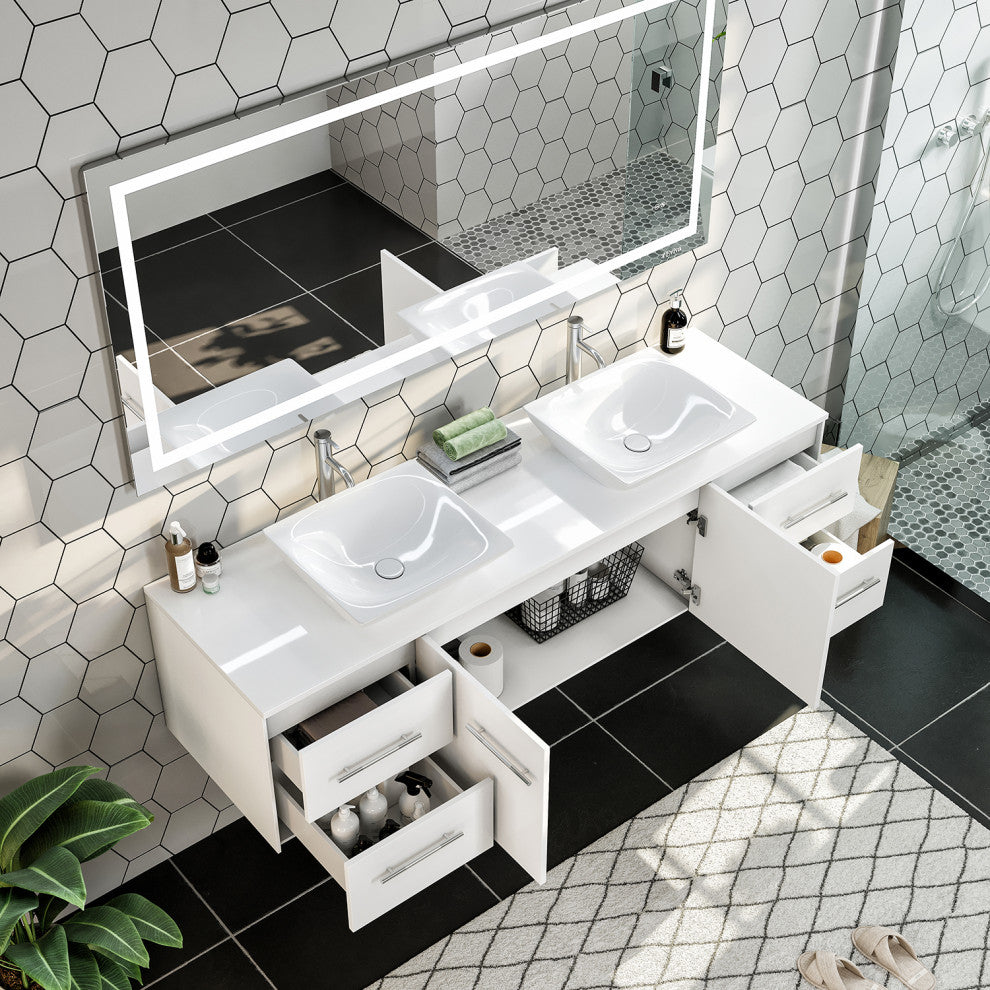Totti Wave 60 inch White Modern Double Sink  Vanity  Top And Double Sinks