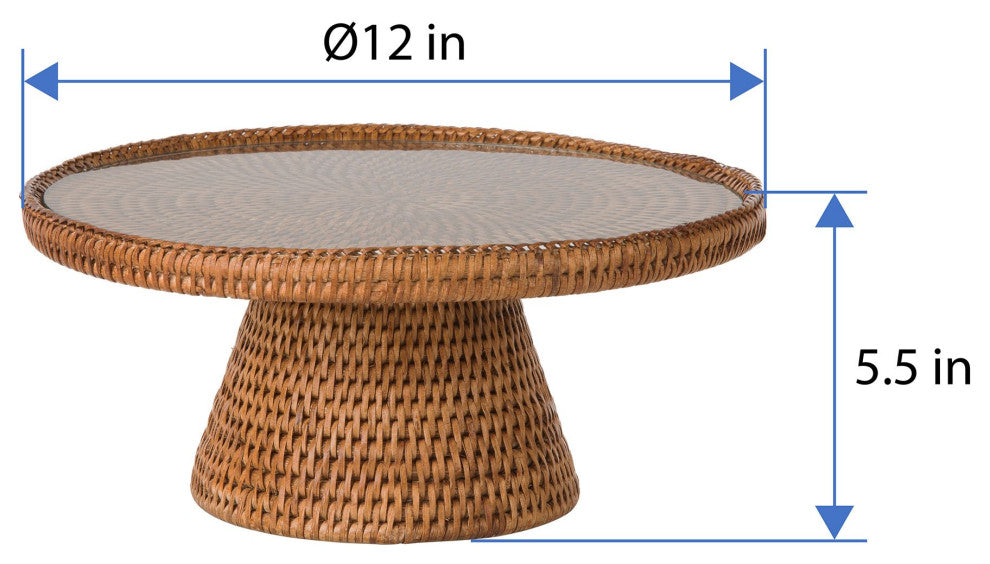 La Jolla Rattan Cake stand With Glass Top, Honey Brown