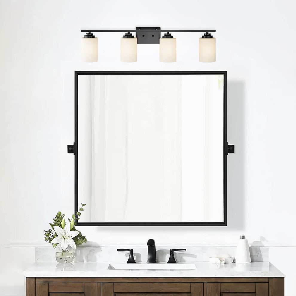4-Light Matte Black Vanity With Etched White Glass Shades