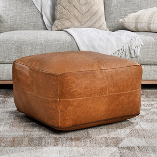 Cheyenne Genuine Leather 24" Square Brown Pouf by Kosas Home