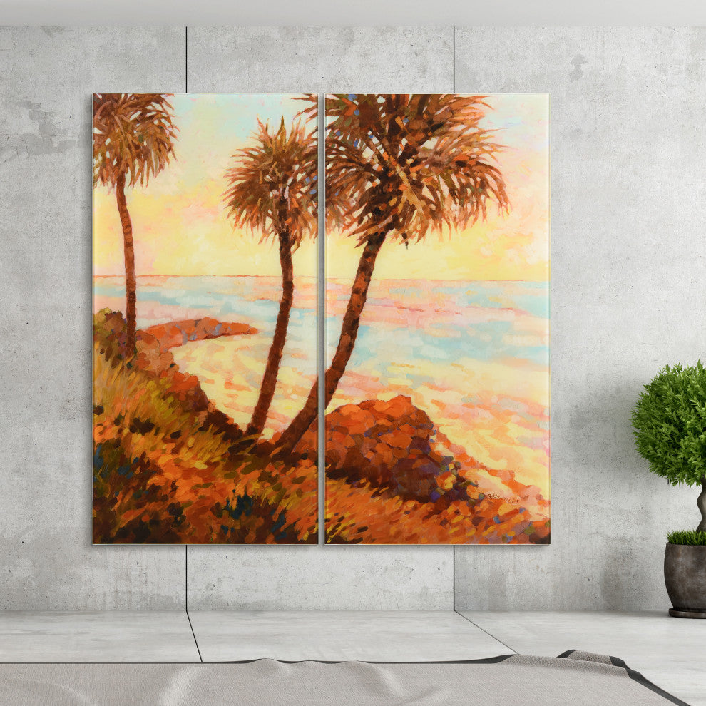 "Palm Breeze" Frameless Free Floating Tempered Glass Panel Graphic Wall Art Set