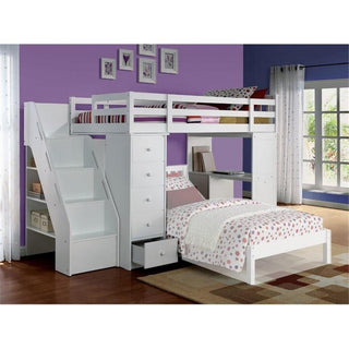 ACME Freya Solid Wood Storage Loft Bed with Bookshelf Ladder in White