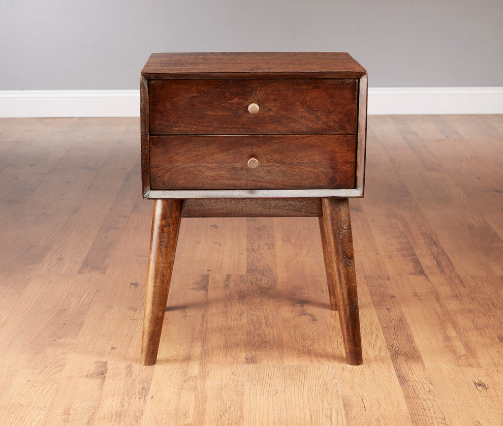Two Drawer Mid Century Chest, Pecan Finish