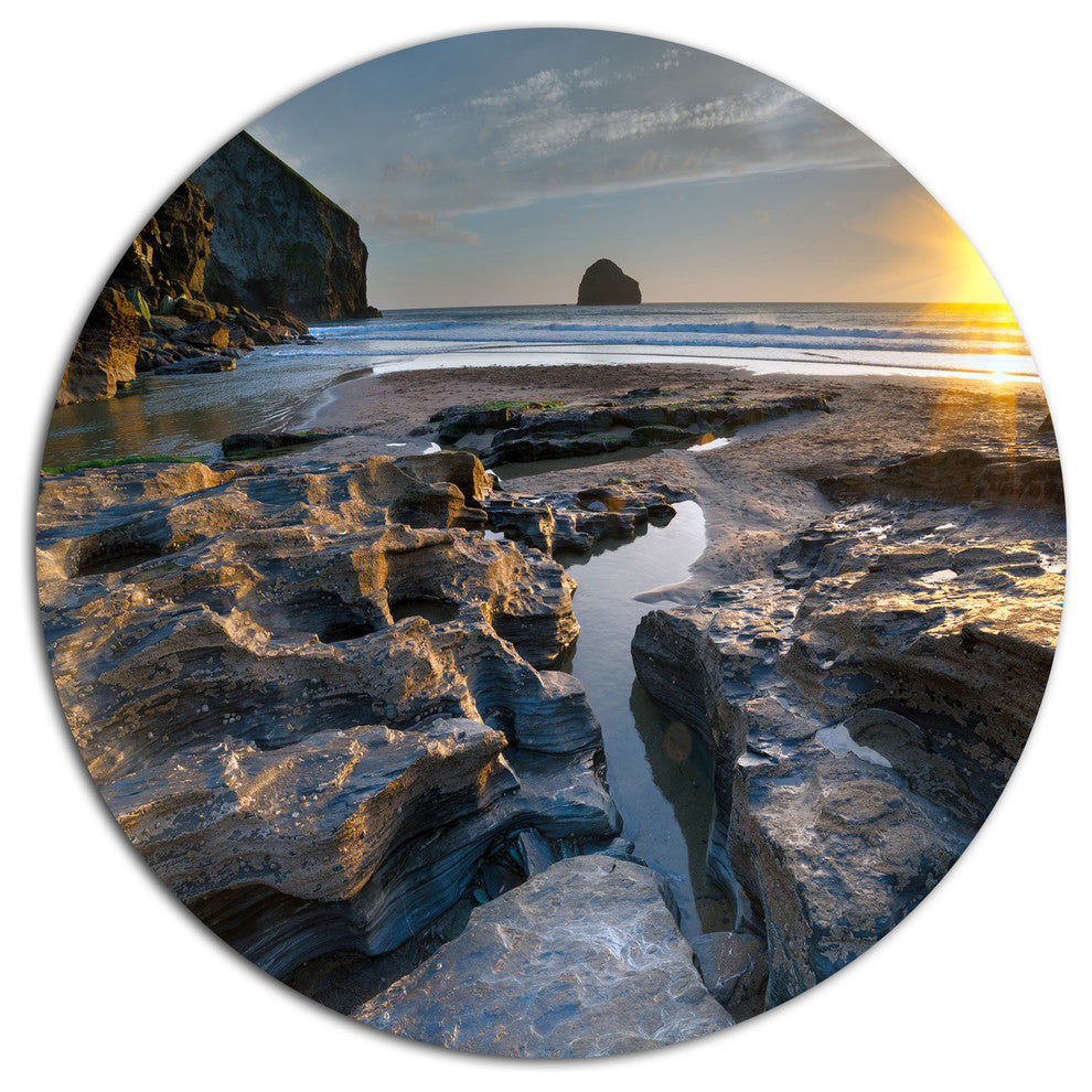 Beach At Trebarwith In Cornwall, Seashore Large Disc Metal Artwork, 38"