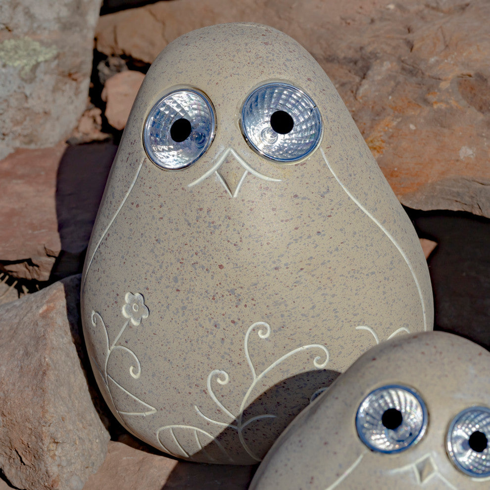 Set of 3 Solar Rock Birds With Floral Etching, Antique Beige