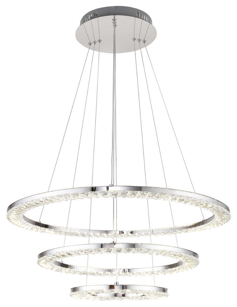 3-Tier Clear Crystal Ring LED Light Fixture, Chrome Stainless Steel Frame