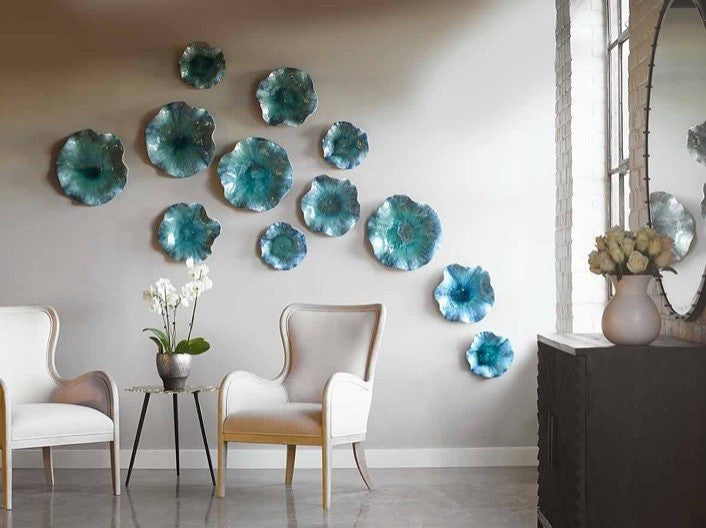 Turquoise Aqua Lily Pad Wall Art, 3-Piece Set, Flower Sculpture Blue Hanging