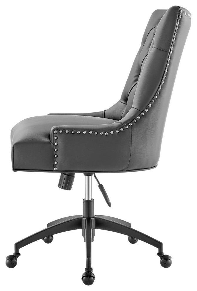 Computer Work Desk Tufted Chair, Faux Vegan Leather, Black Gray, Home Office