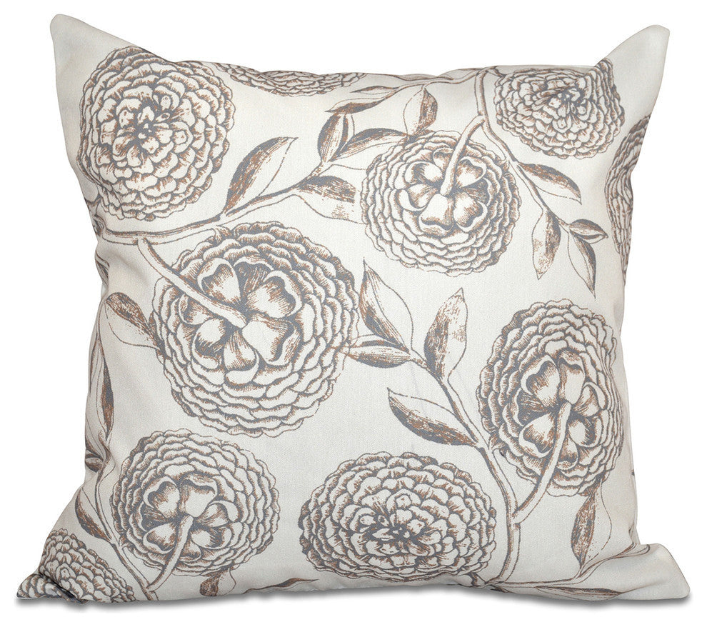 Antique Flowers, Floral Print Pillow, Taupe, 16"x16"