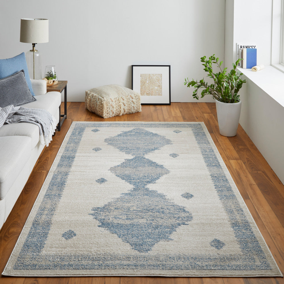 Weave & Wander Melba Nomadic Geometric Area Rug, Blue/Ivory, 4'3"x6'3"