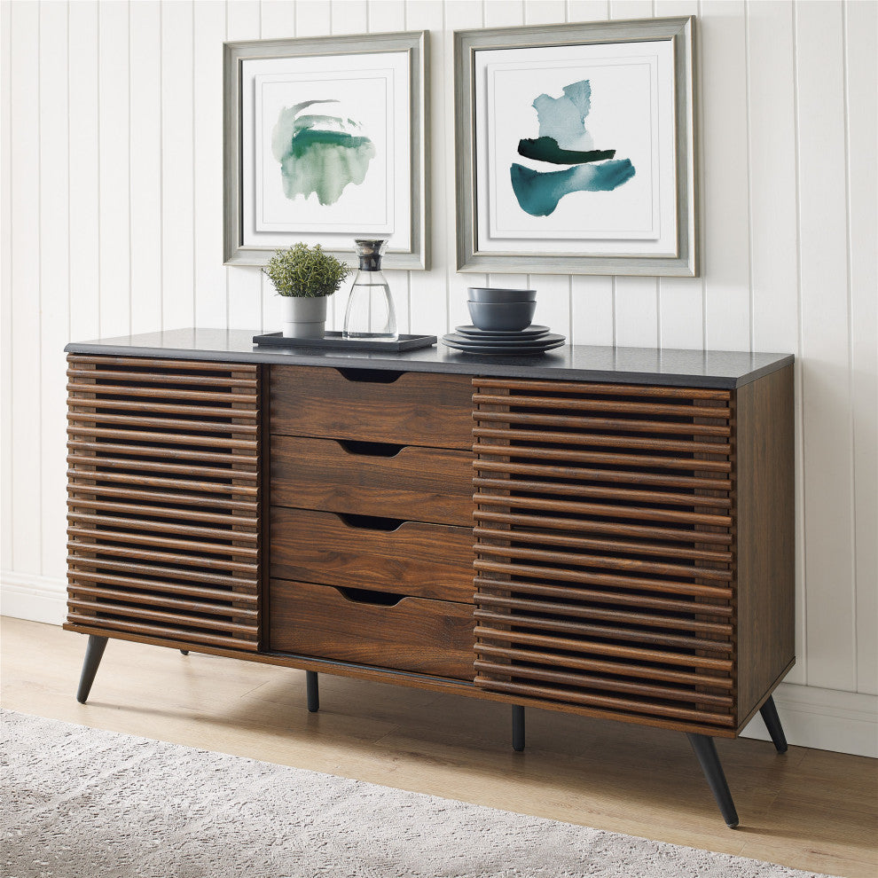 59" Havana Sliding Slat Door 4 Drawer Sideboard, Ebony/Dark Walnut