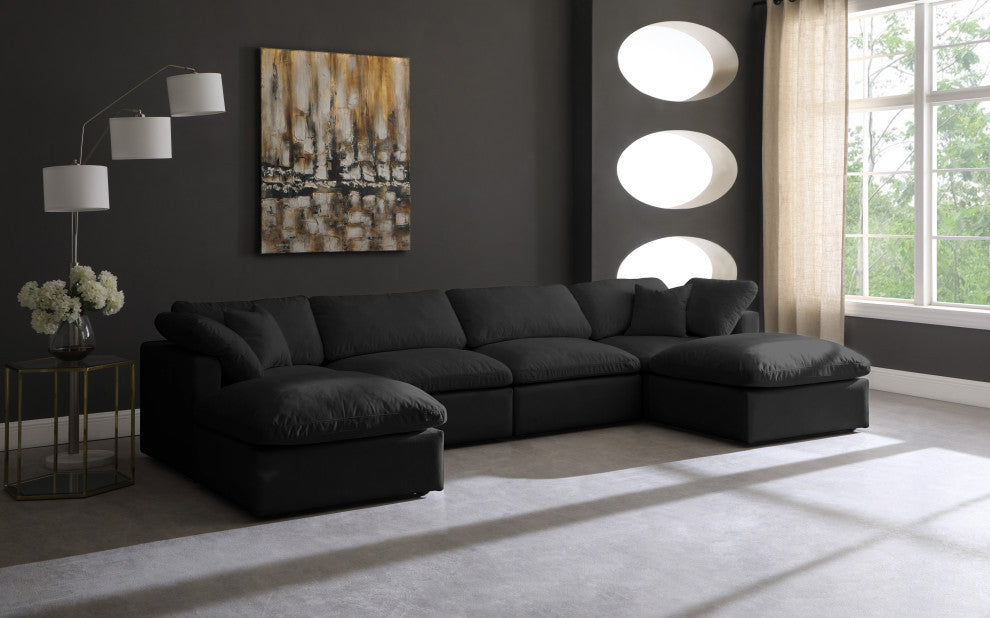 Plush Velvet / Down Standard Comfort 6-Piece U-Shaped Modular Sectional, Black