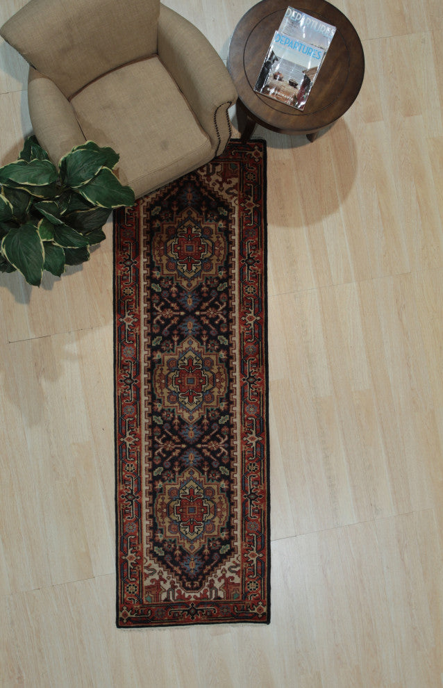 Hand-Knotted Wool Navy Traditional Oriental Serapi Rug, 2'6 X 10'