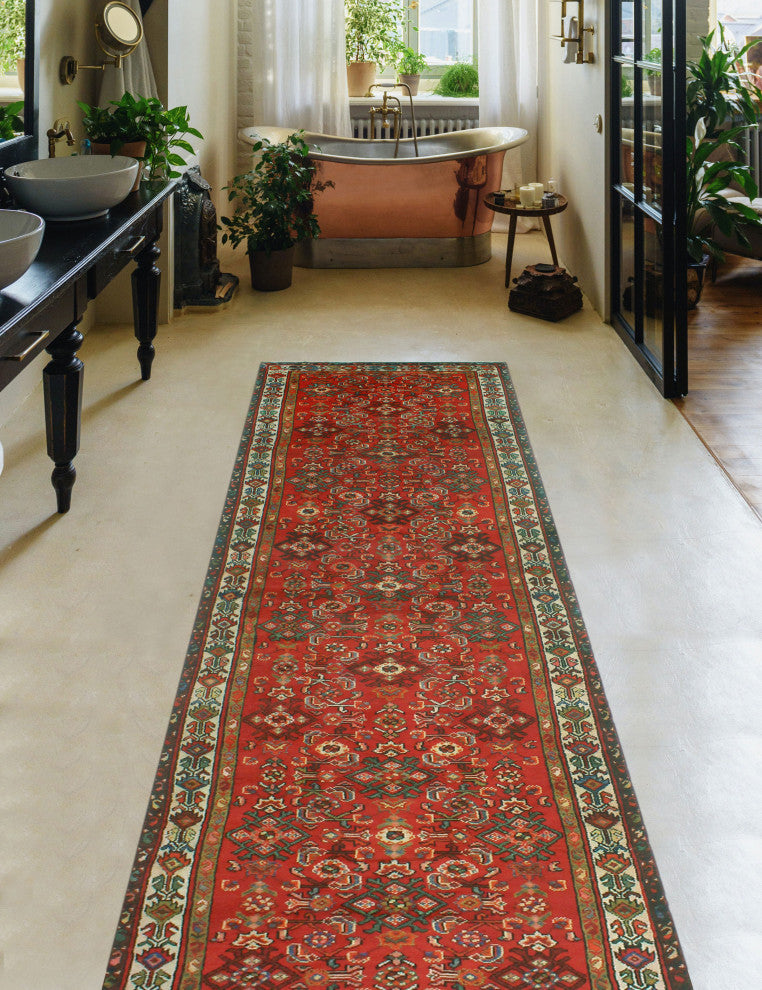 Fine Vintage Distressed Will Red/Beige Runner, 3'4x14'3