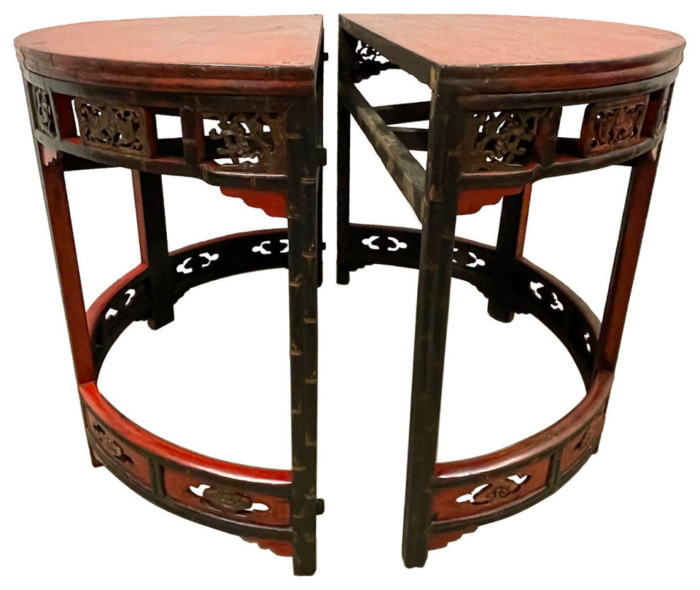 Consigned 19th Century Antique Chinese Carved Red lacquered Half Moon Tables