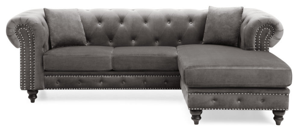Nola 98 in. Velvet L-Shape 3-Seater Sofa With 2-Throw Pillow, Dark Gray