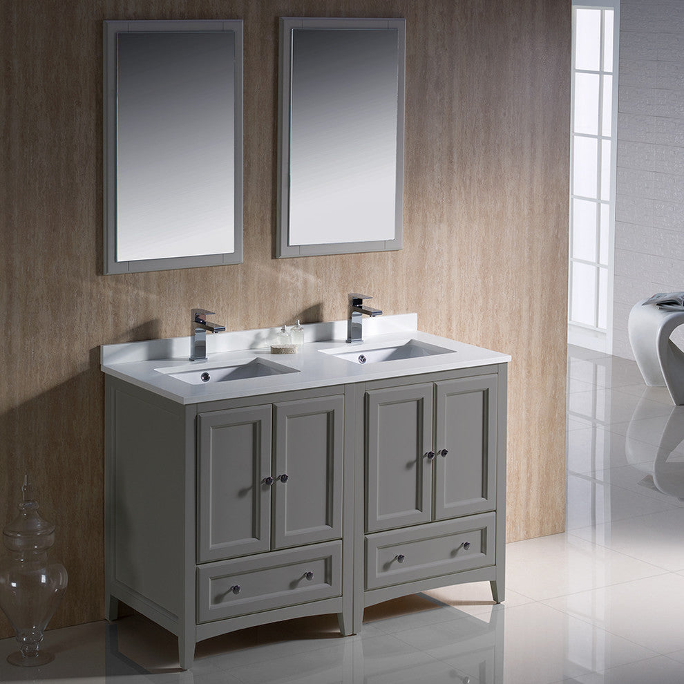 Oxford 48" Gray Traditional Double Sink Bathroom Vanity, Faucet, FFT9161BN