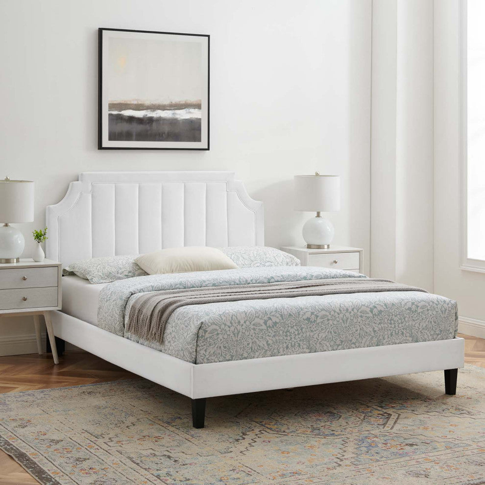 Platform Bed Frame, King Size, Velvet, White, Modern Contemporary, Bedroom