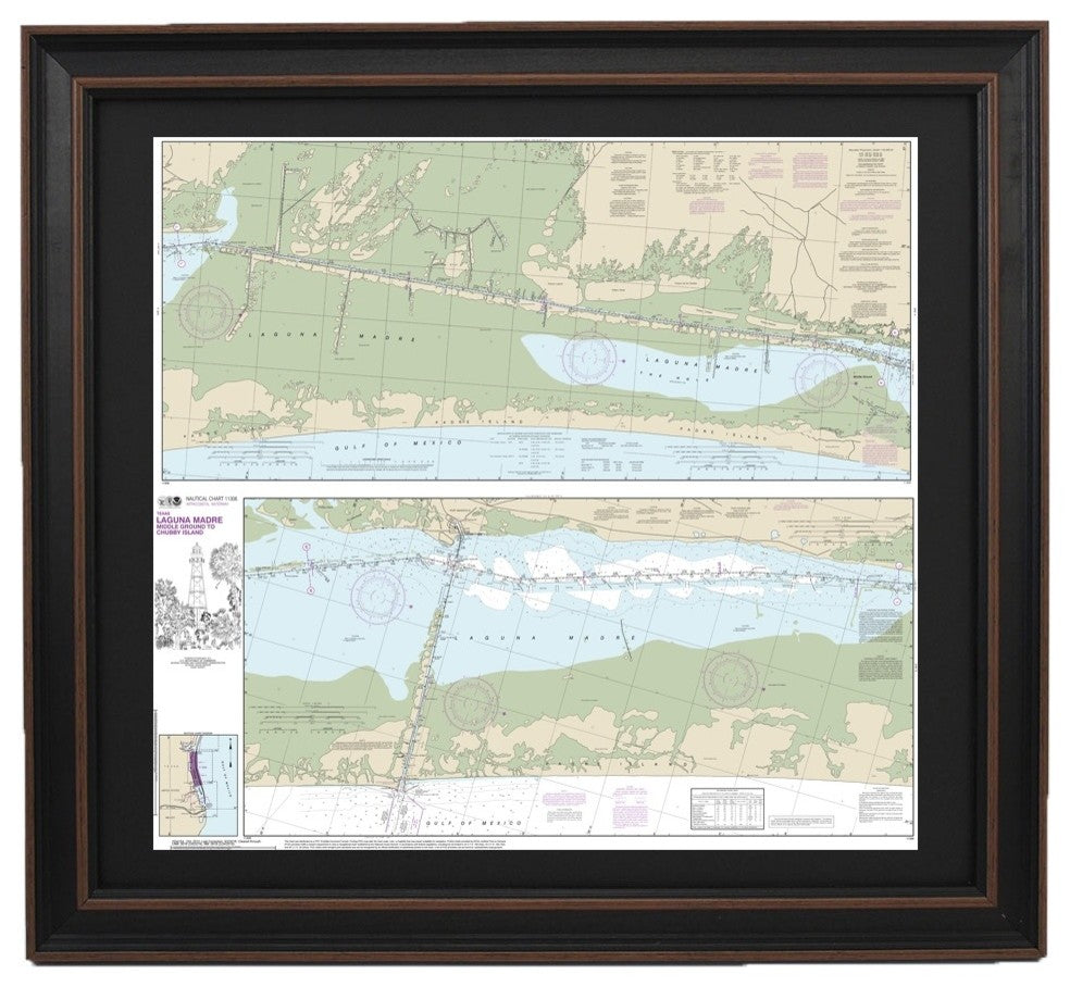 Nautical Chart, Laguna Madre Mdl Ground to Chubby Isl, Poster Framed